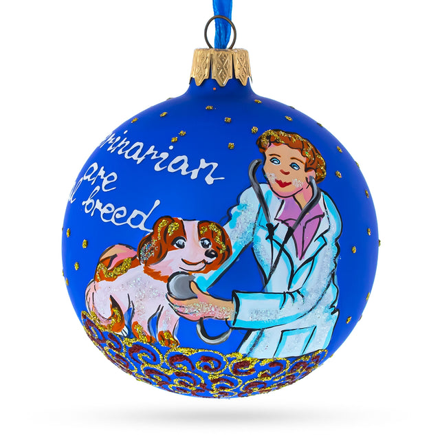 Veterinarian Checking Dog Glass Ball Christmas Ornament 3.25 Inches in Blue color Round