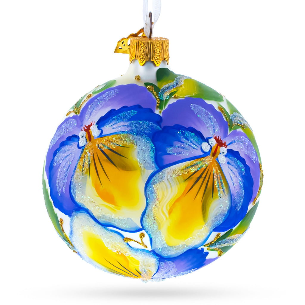 Glass Charming Purple Pansy Flowers - Blown Glass Christmas Ornament 3.25 Inches in Multi color Round