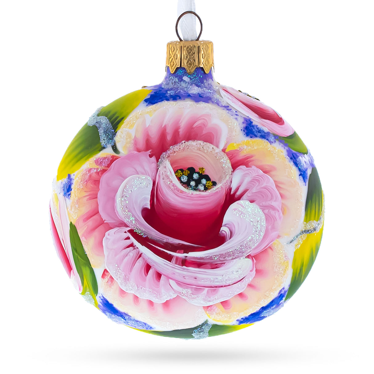 Exquisite Roses Flowers - Blown Glass Ball Christmas Ornament 3.25 Inches in Multi color, Round shape