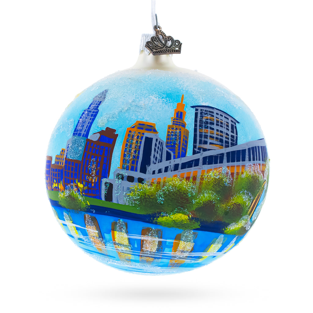 Cleveland, Ohio Glass Ball Christmas Ornament 4 Inches in Multi color Round