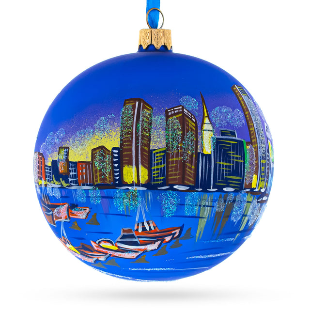 Baltimore, Maryland Glass Ball Christmas Ornament 3.25 Inches in Blue color, Round shape