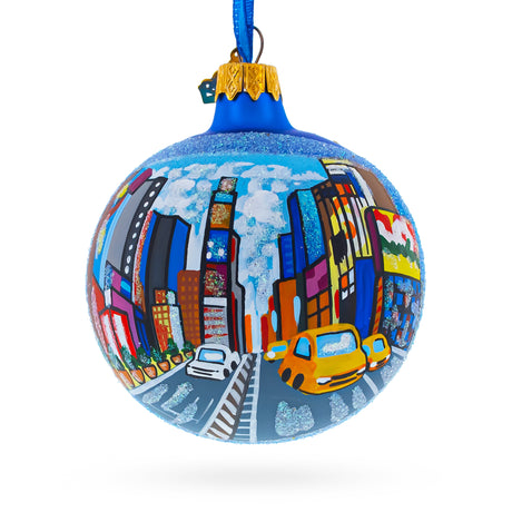 Times Square, New York City Glass Ball Christmas Ornament 3.25 Inches in Blue color, Round shape