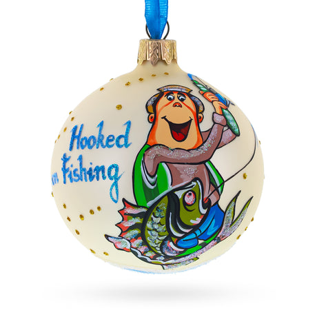 Glass Passionate Hooked on Fishing - Blown Glass Ball Christmas Ornament 3.25 Inches in Beige color Round