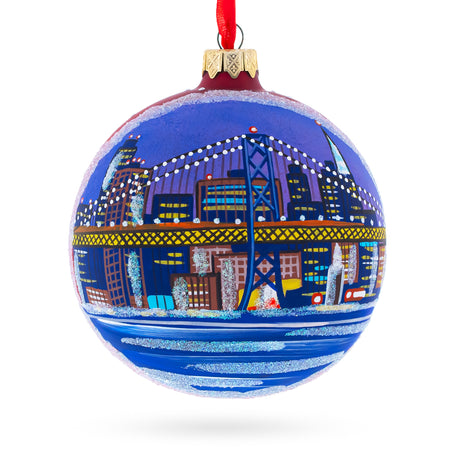 San Francisco Golden Gate Bridge Glass Christmas Ornament 4 Inches in Blue color Round