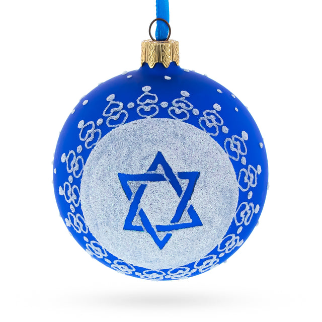 Glass Sacred Star of David Jewish - Blown Glass Ball Ornament 3.25 Inches in Blue color Round