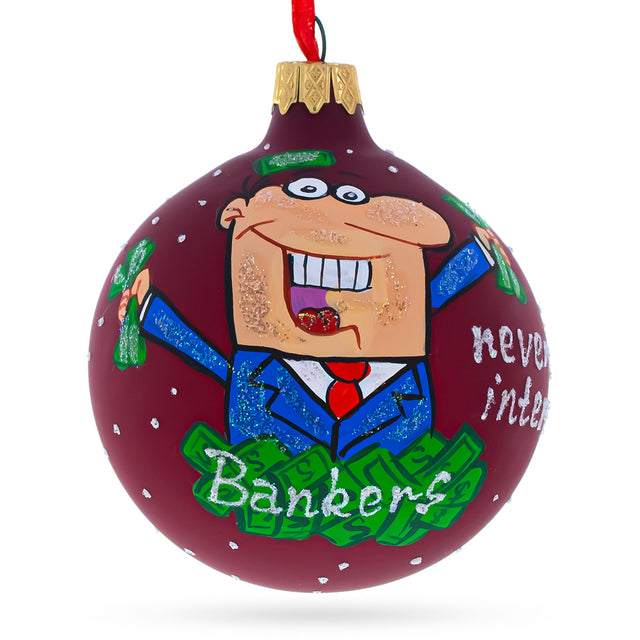 Joyful Happy Banker - Blown Glass Ball Christmas Ornament, 3.25 Inches in Red color, Round shape