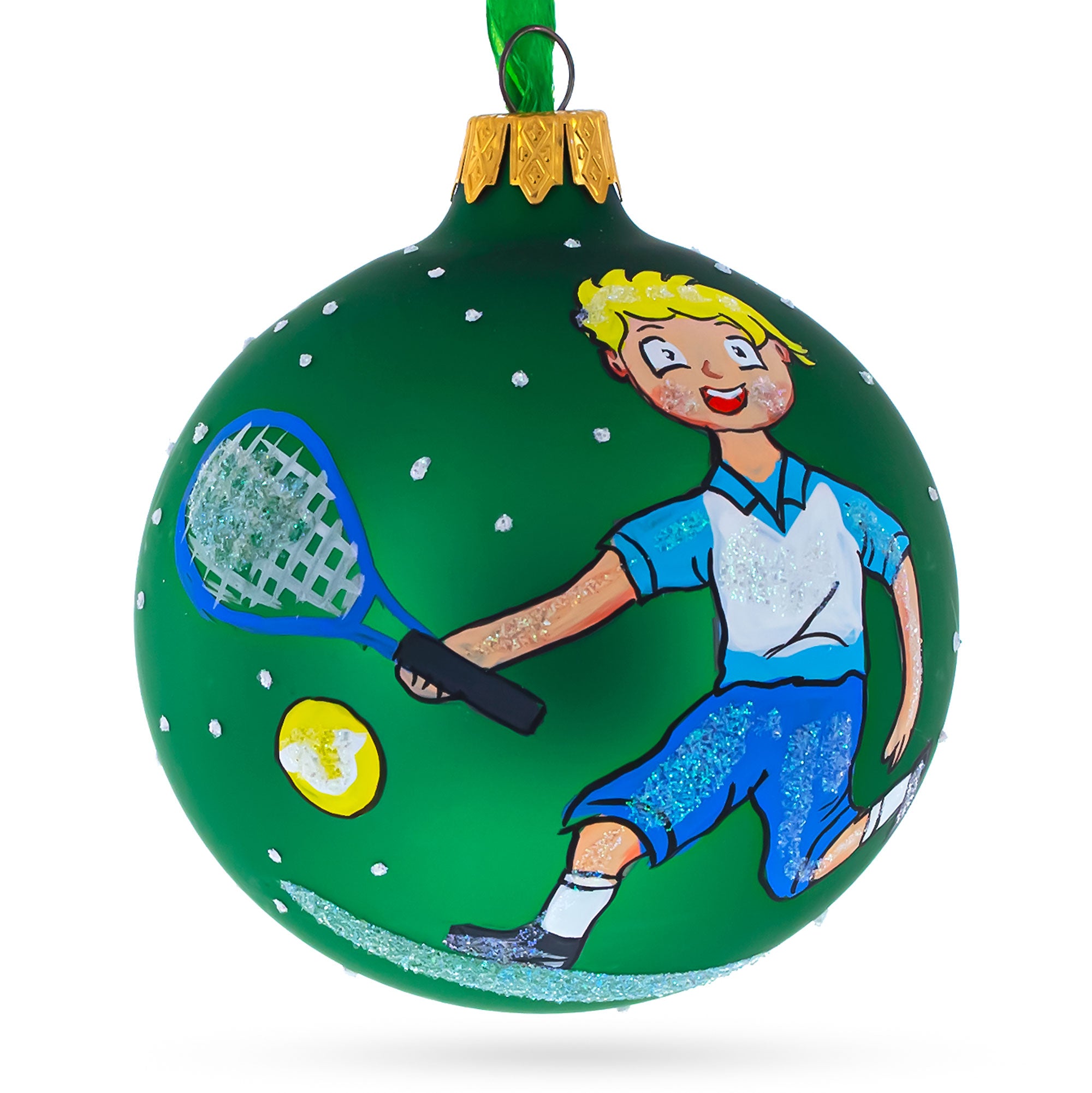Tennis Player Glass Ball Christmas Ornament 3.25 Inches in Green color Round