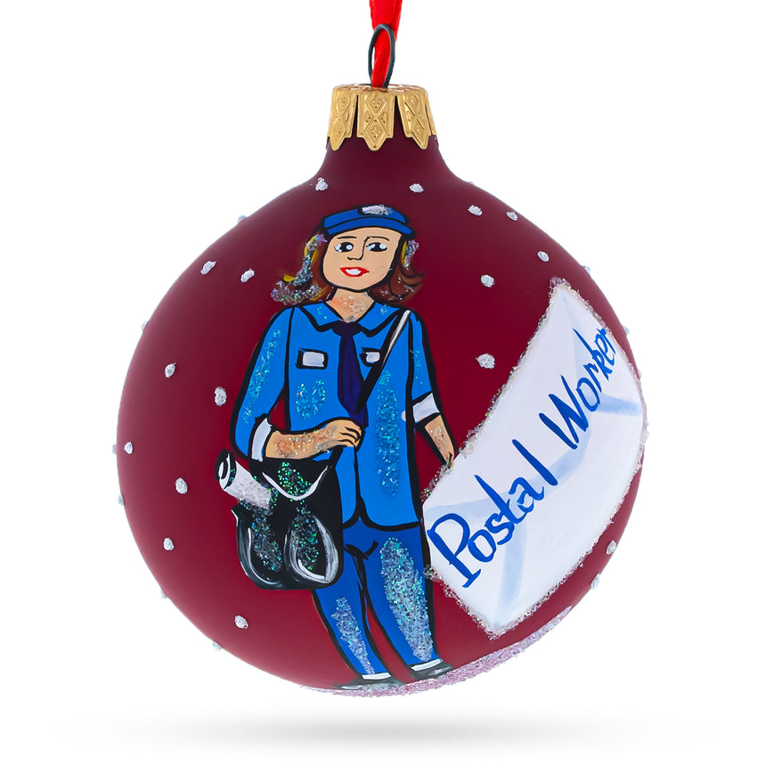Postal Worker Glass Ball Christmas Ornament 3.25 Inches in Red color Round