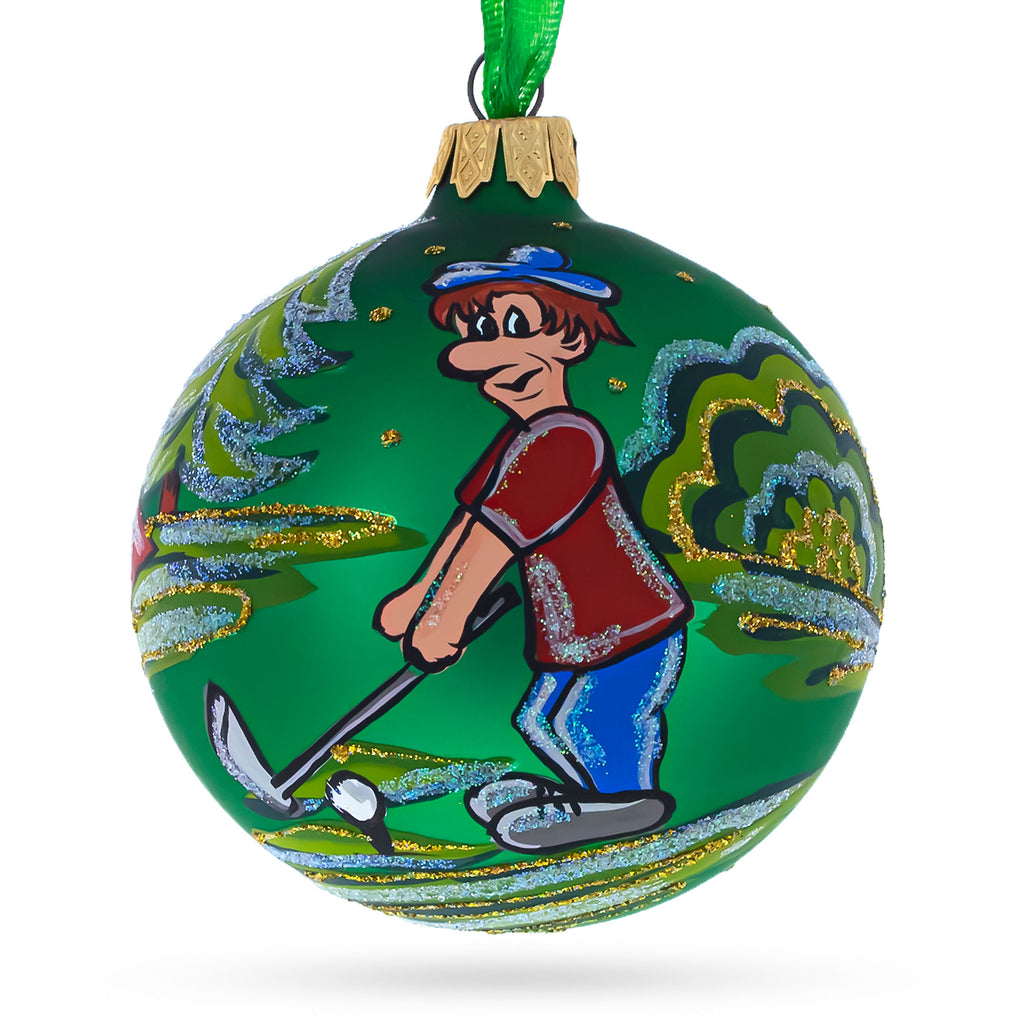 Golf Player Glass Ball Christmas Ornament 3.25 Inches in Green color Round