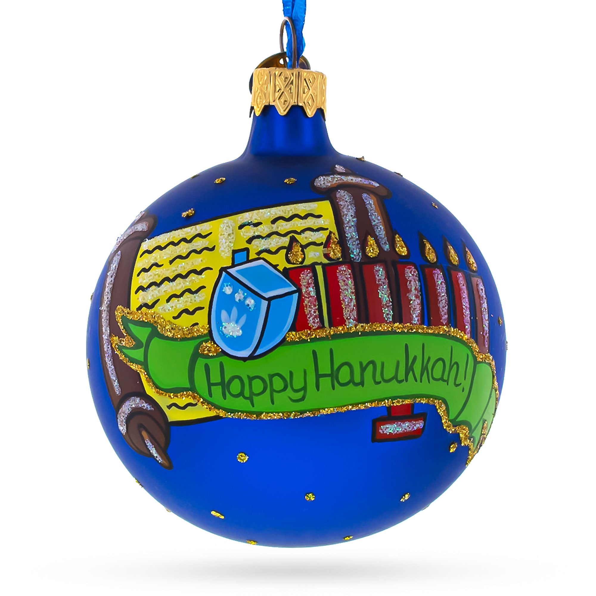 Happy Hanukkah Jewish Celebration Blown Glass Ball Ornament 3.25 Inches in Blue color Round