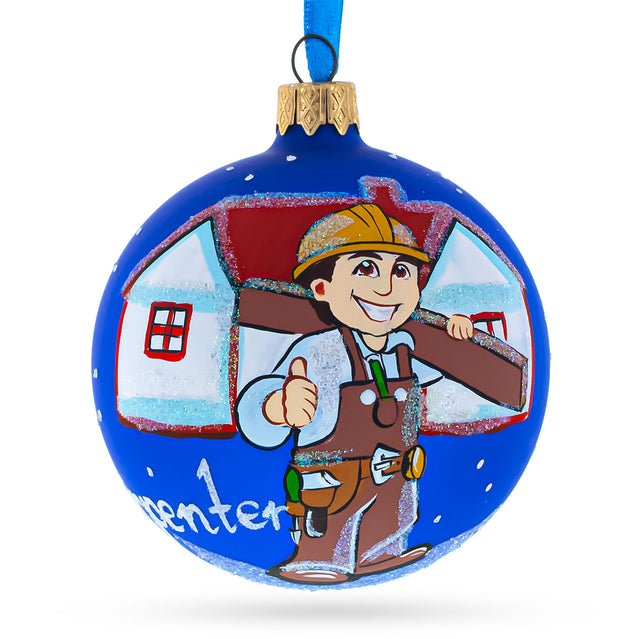Carpenter Glass Ball Christmas Ornament 3.25 Inches in Blue color Round