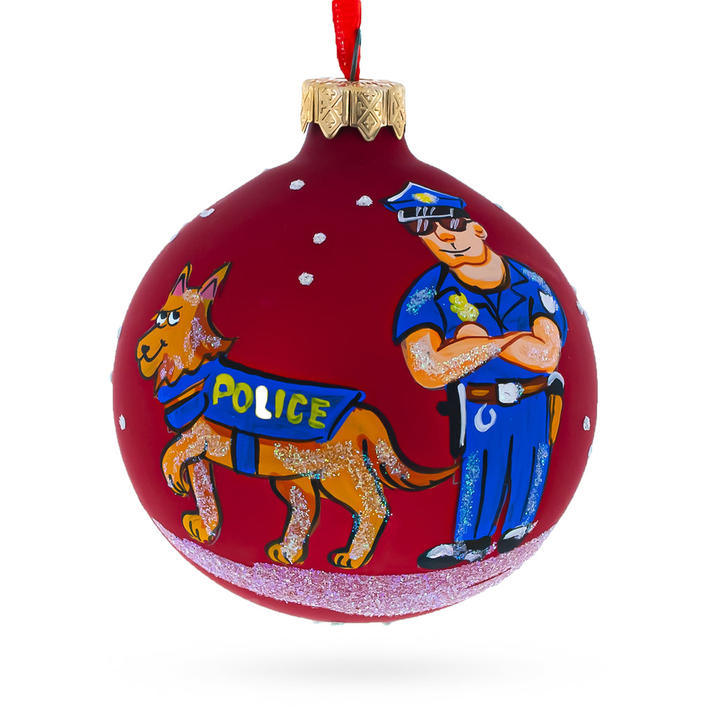 Glass Guardians of the Night: Policeman & Canine Blown Glass Ball Christmas Ornament 3.25 Inches in Red color Round