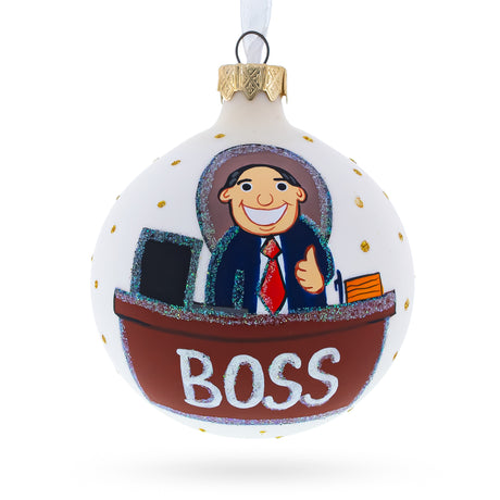 Cheerful Leader Blown Glass Ball Boss Christmas Ornament 3.25 Inches in White color Round