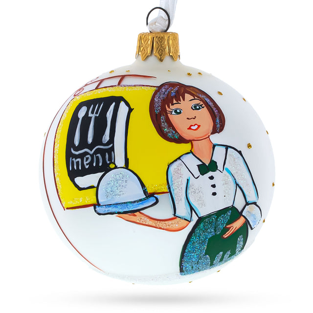 Service with a Smile: Waitress Blown Glass Ball Christmas Ornament 3.25 Inches in White color, Round shape