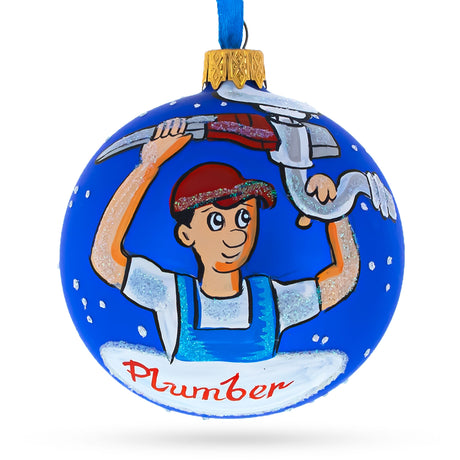 Plumber Glass Ball Christmas Ornament 3.25 Inches in Blue color Round