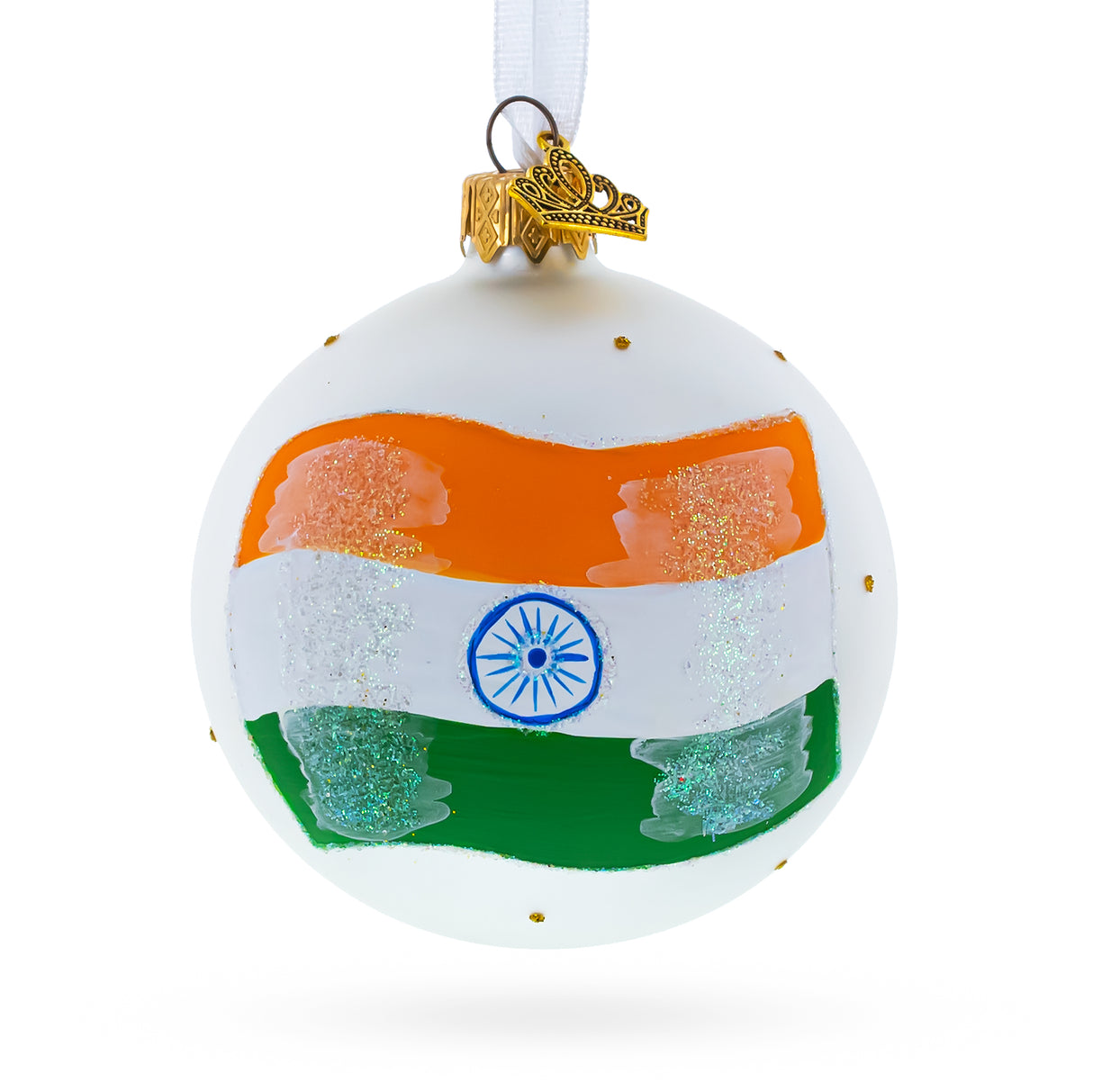 Flag of India Blown Glass Ball Christmas Ornament 3.25 Inches in White color, Round shape