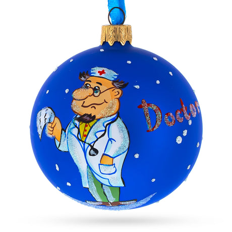 Prescription in Focus: Doctor Reading Blown Glass Ball Christmas Ornament 3.25 Inches in Blue color, Round shape