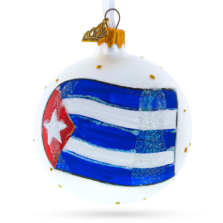 Cuban Pride: Flag of Cuba Blown Glass Ball Christmas Ornament 3.25 Inches in White color, Round shape