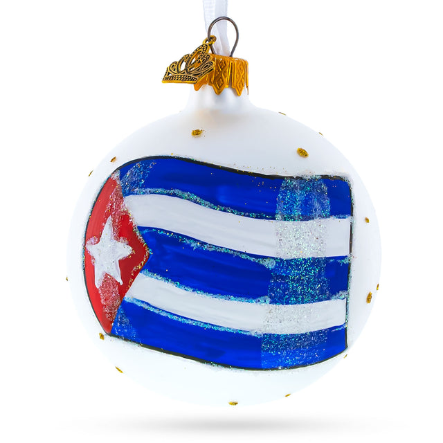 Flag of Cuba Blown Glass Ball Christmas Ornament 3.25 Inches in White color, Round shape