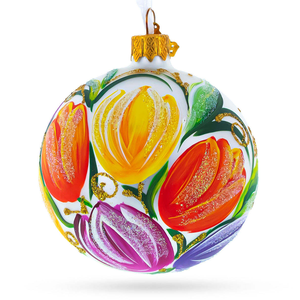 Vibrant Tulip Bouquet on White Blown Glass Ball Christmas Ornament 3.25 Inches in White color, Round shape