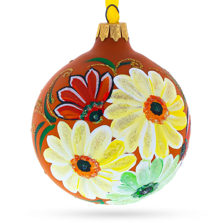 Vibrant Gerbera Daisies Blown Glass Ball Christmas Ornament 3.25 Inches in Orange color, Round shape