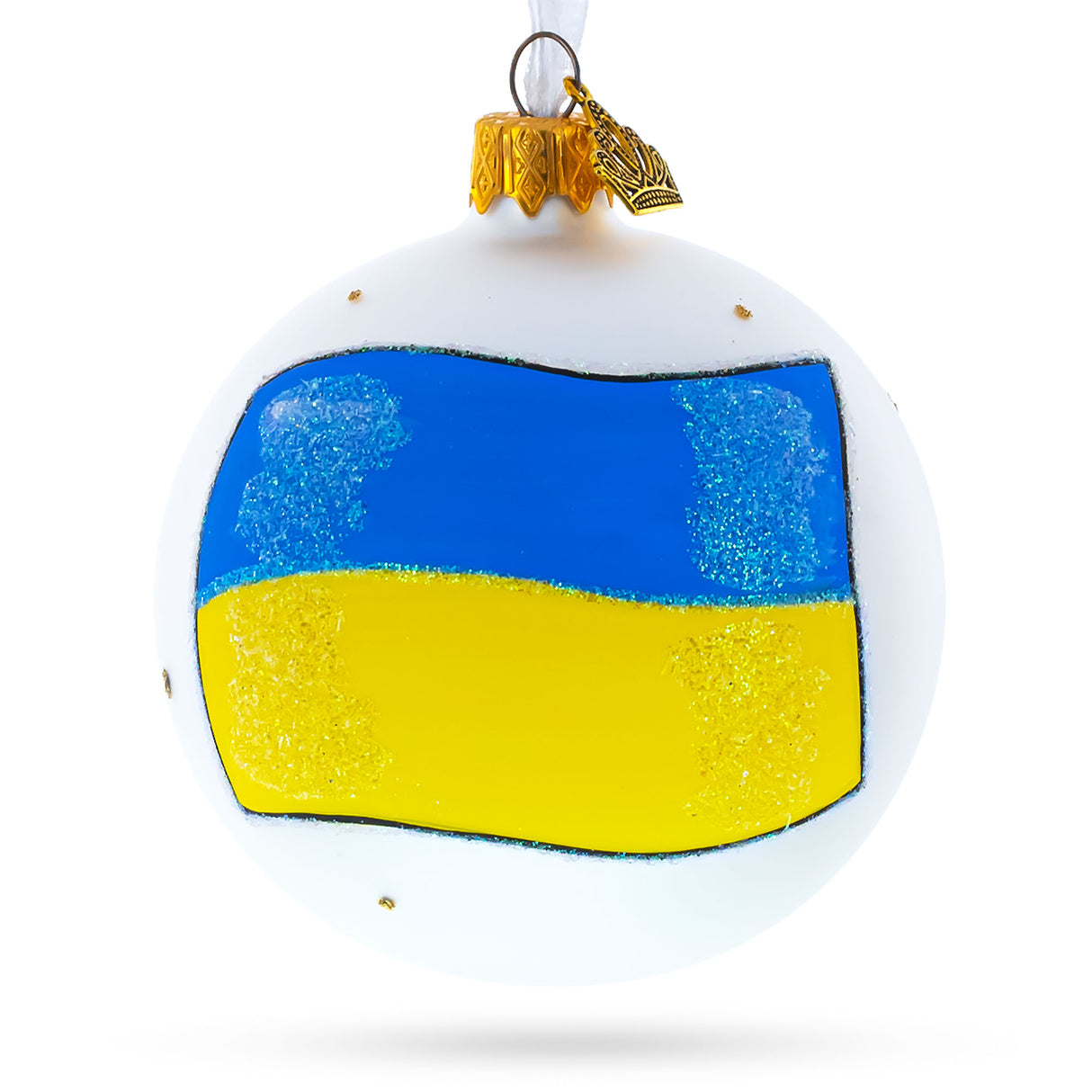 Ukrainian National Flag Blown Glass Ball Christmas Ornament 3.25 Inches in White color, Round shape