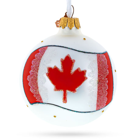 Glass Flag of Canada Blown Glass Ball Christmas Ornament 3.25 Inches in White color Round