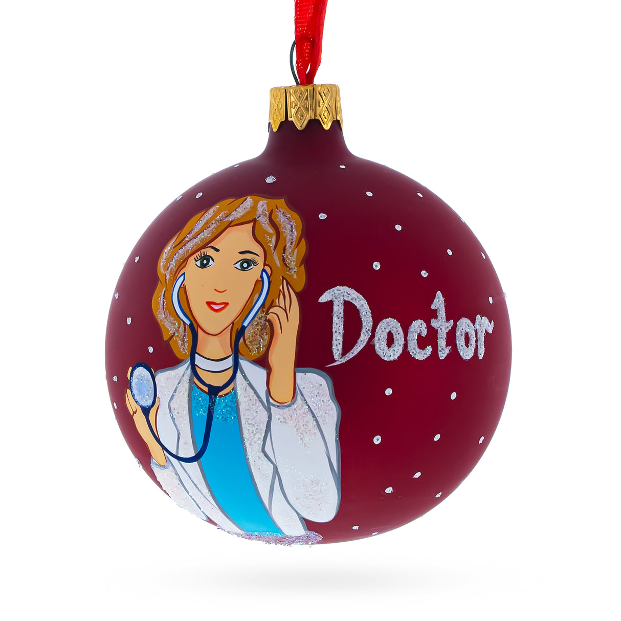 Caring Doctor with Stethoscope Blown Glass Ball Christmas Ornament 3.25 Inches in Red color, Round shape
