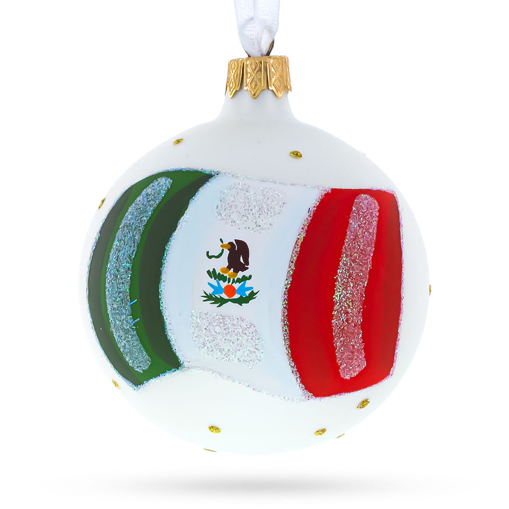 Glass Flag of Mexico Blown Glass Ball Christmas Ornament 3.25 Inches in White color Round