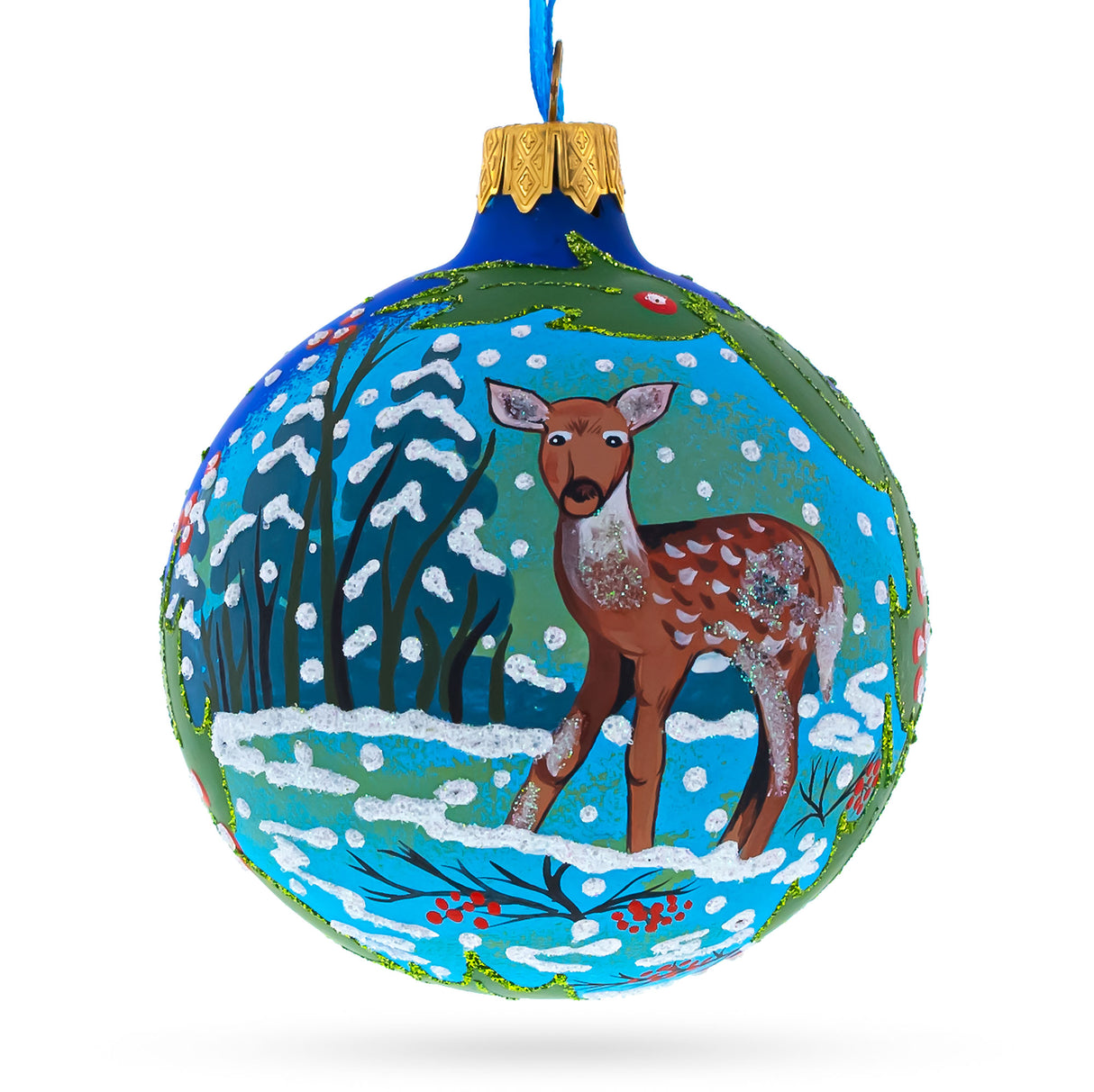 Adorable Baby Deer Blown Glass Ball Christmas Ornament 3.25 Inches in Blue color, Round shape