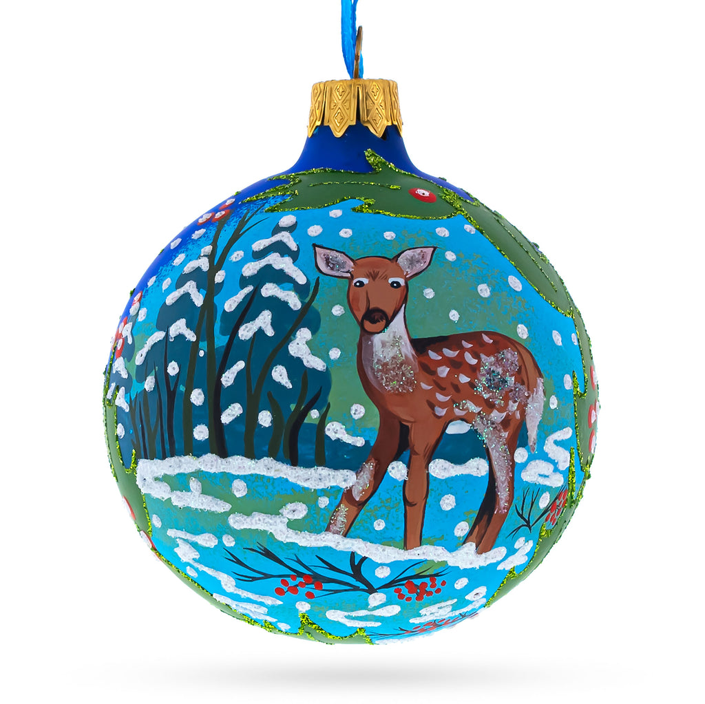 Deer in the Woods Glass Ball Christmas Ornament 3.25 Inches in Blue color Round