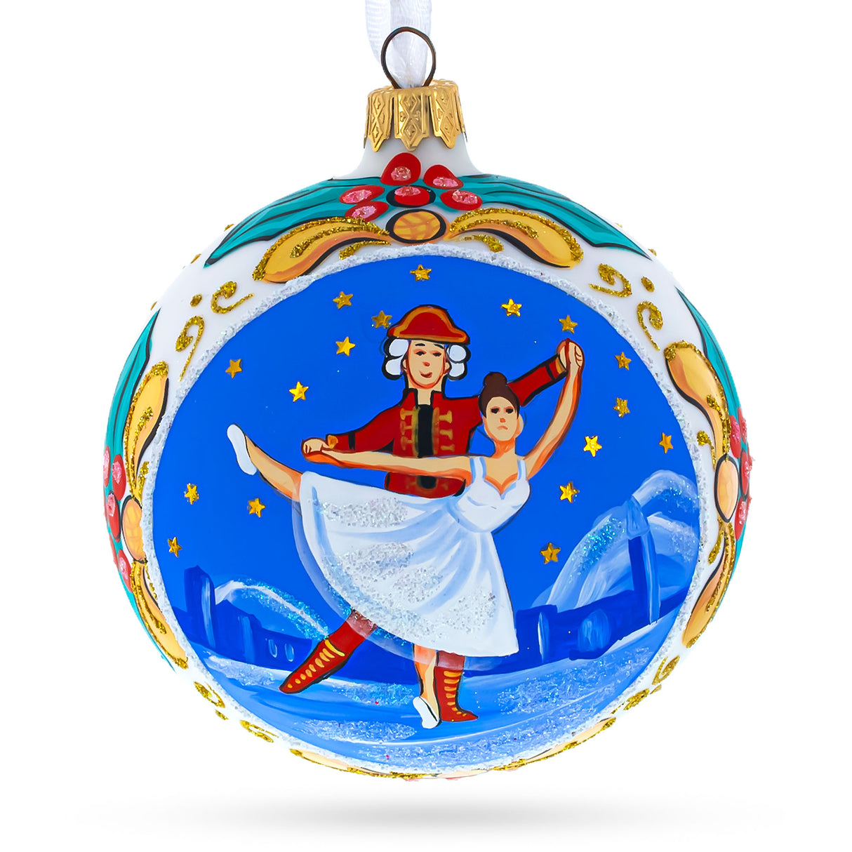 Elegant Ballet Dancers Blown Glass Ball Christmas Ornament 4 Inches in Blue color, Round shape