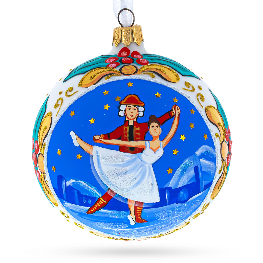 Ballet Dancers Glass Ball Christmas Ornament 4 Inches in Blue color Round