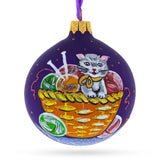 Playful Kitten with Yarn Blown Balls Glass Christmas Ornament 3.25 Inches in Purple color, Round shape