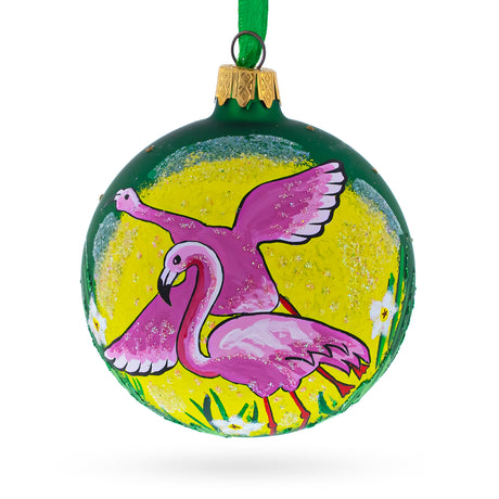 Pink Flamingos Blown Glass Christmas Ornament 3.25 Inches in Green color Round