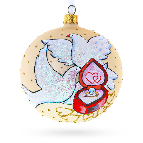Doves and Wedding Ring Glass Ball Christmas Ornament 4 Inches in Gold color Round