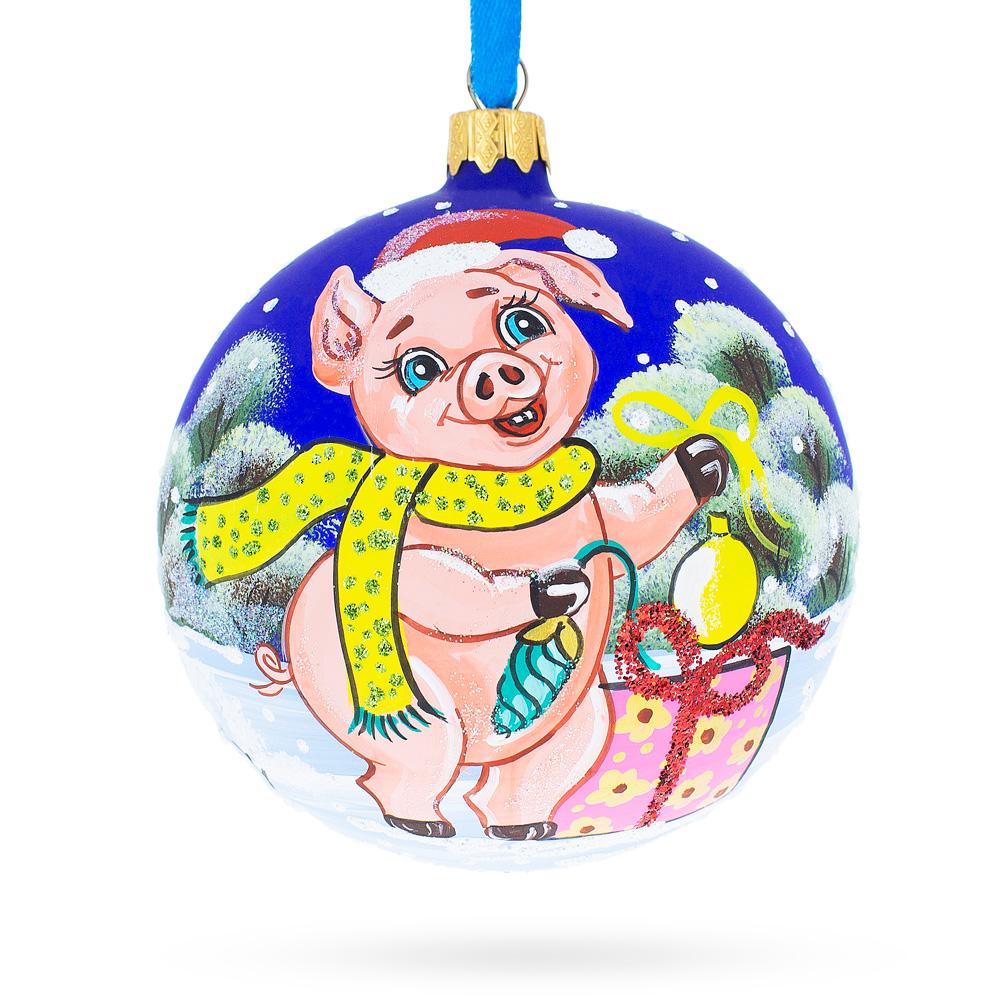 Festive Pigs Decorating Tree Blown Glass Ball Christmas Ornament 4 Inches in Multi color, Round shape