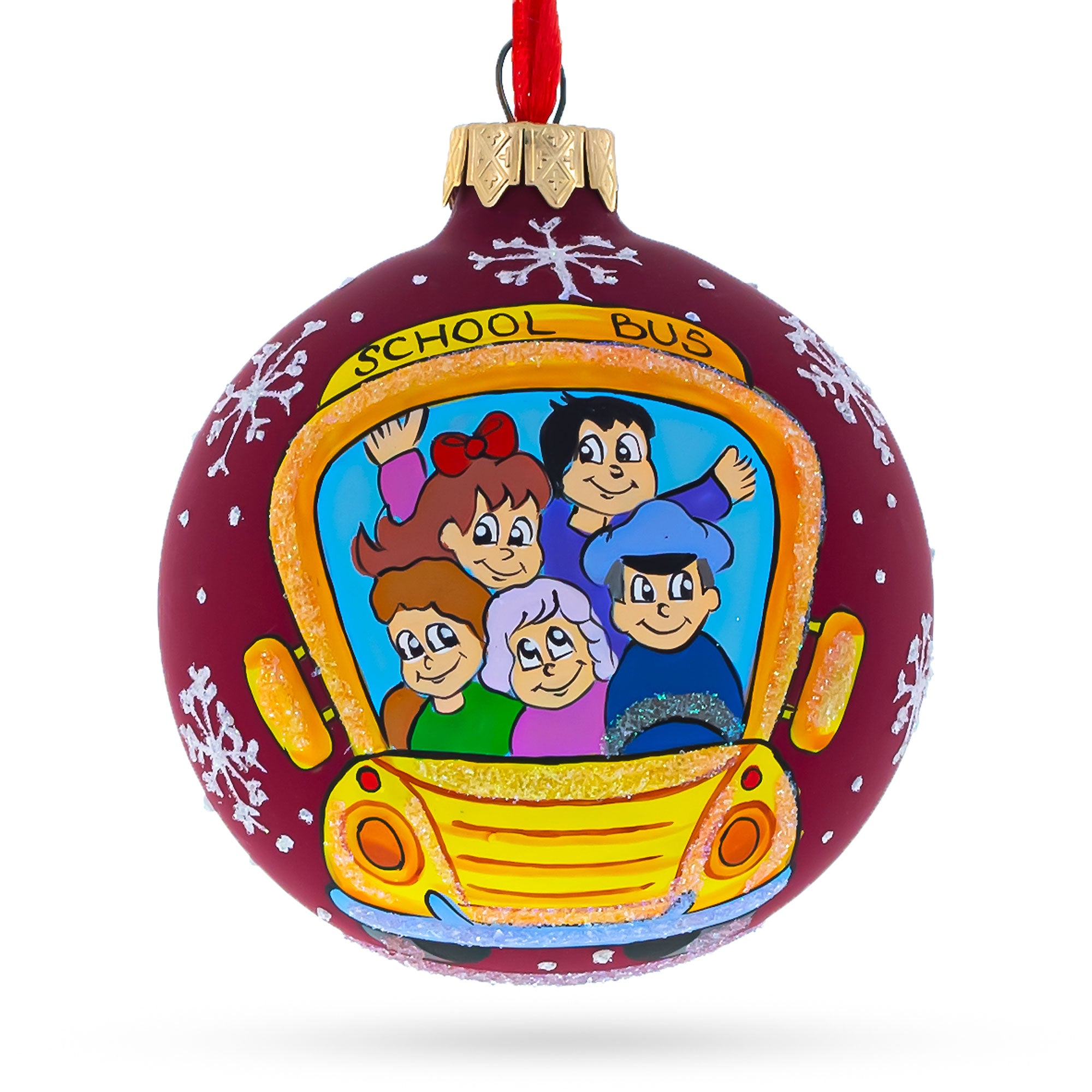 Yellow School Bus Glass Christmas Ornament 3.25 Inches in Red color Round