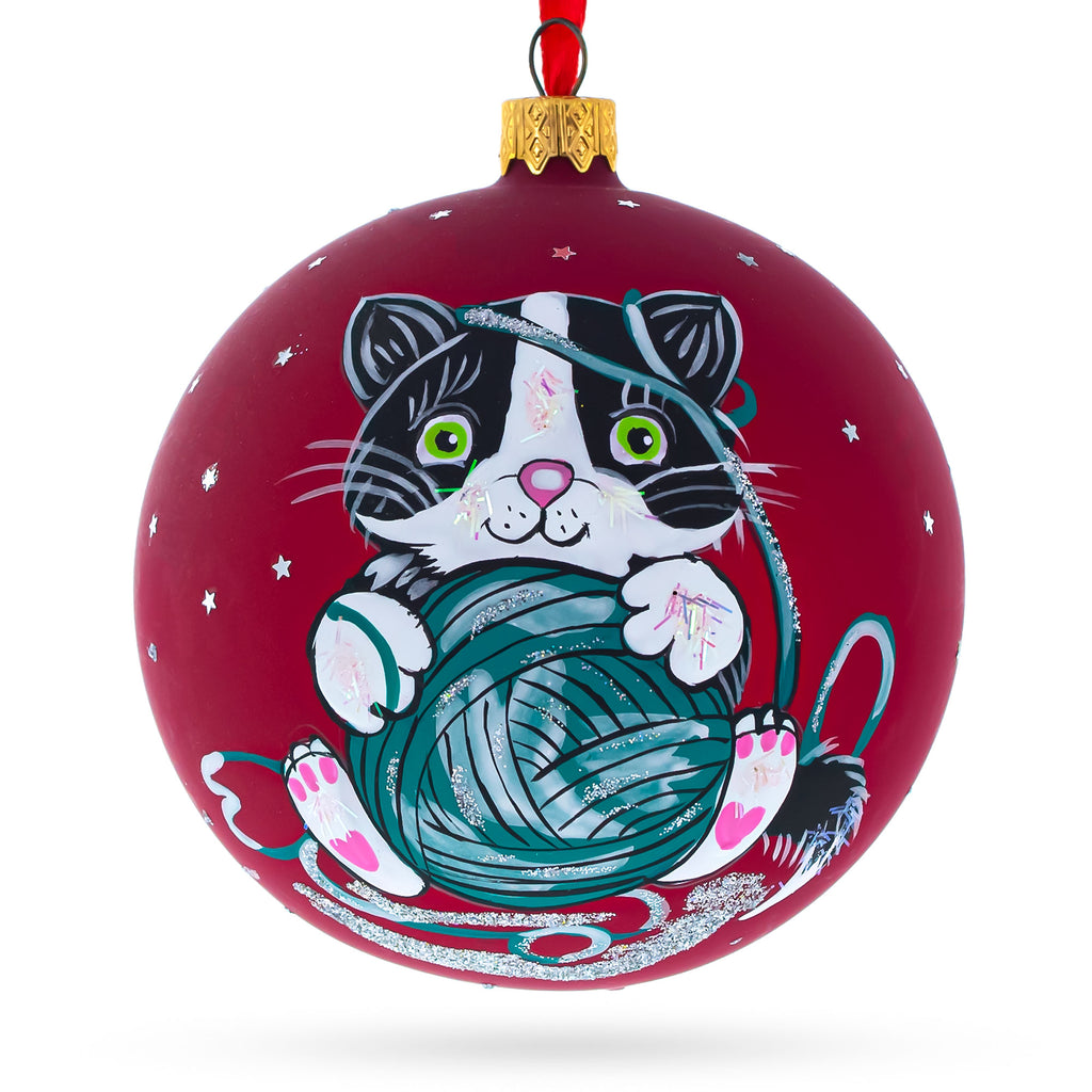 Glass Playful Kitten with Green Yarn Glass Blown Ball Christmas Ornament 4 Inches in Red color Round