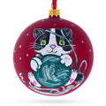 Kitten with Green Yarn Glass Ball Christmas Ornament 4 Inches in Red color Round