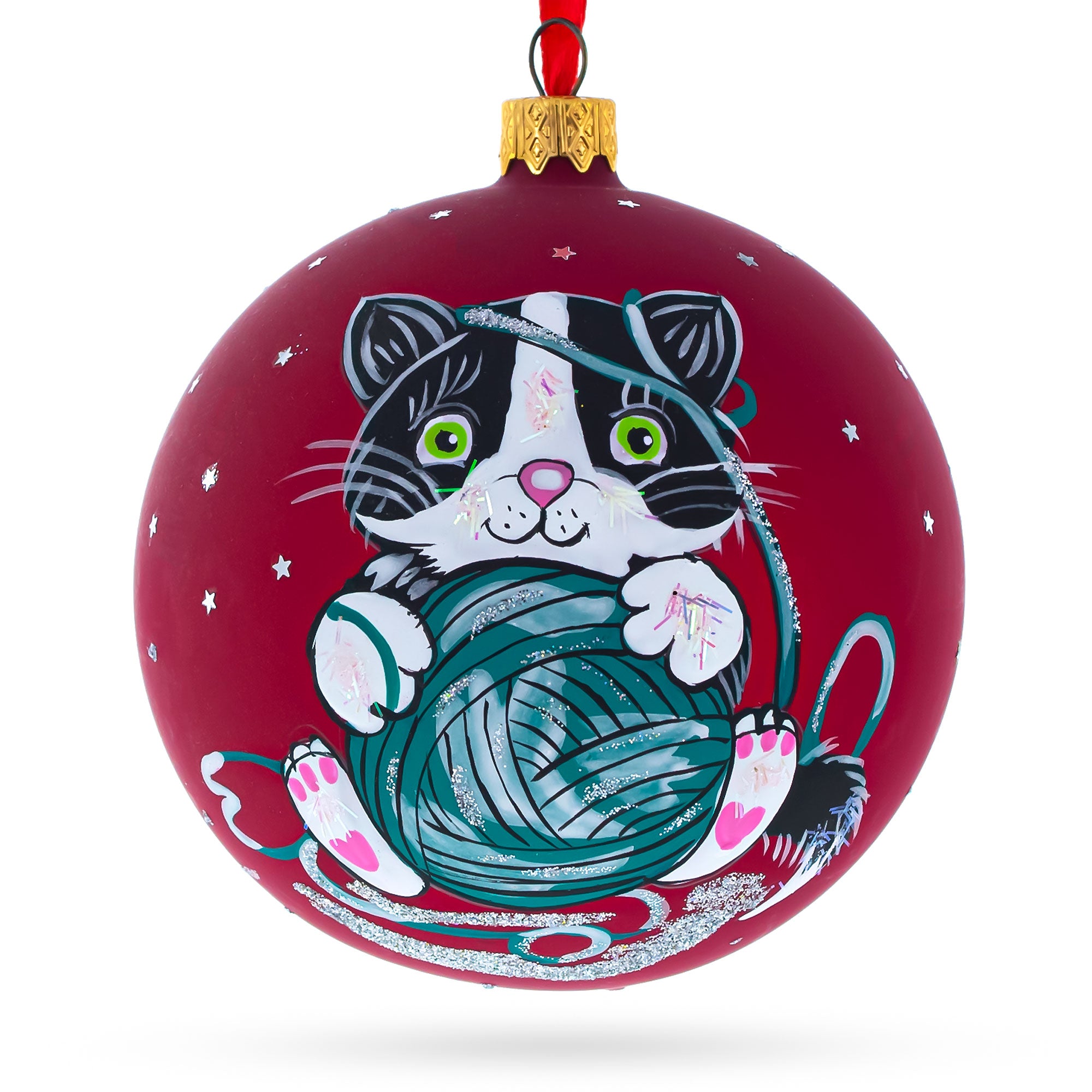Kitten with Green Yarn Glass Blown Ball Christmas Ornament 4 Inches in Red color Round