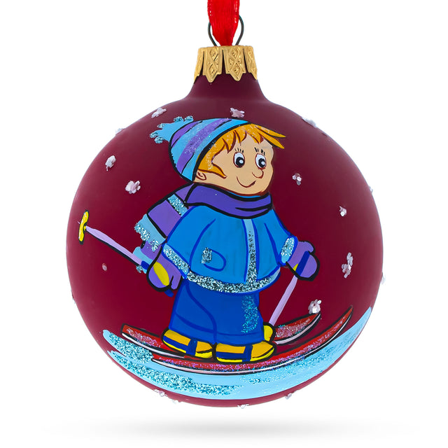 I Love to Skiing Blown Glass Ball Christmas Ornament 3.25 Inches in Red color, Round shape