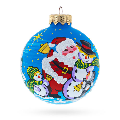 Santa and Two Snowmen Glass Ball Christmas Ornament 3.25 Inches in Multi color Round