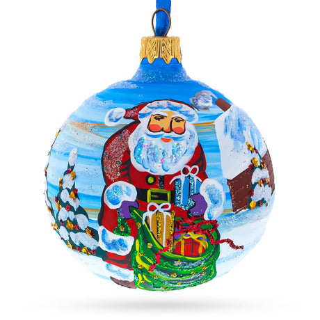 Generous Santa: Santa with Bag of Gifts Blown Glass Ball Christmas Ornament 3.25 Inches in Multi color, Round shape
