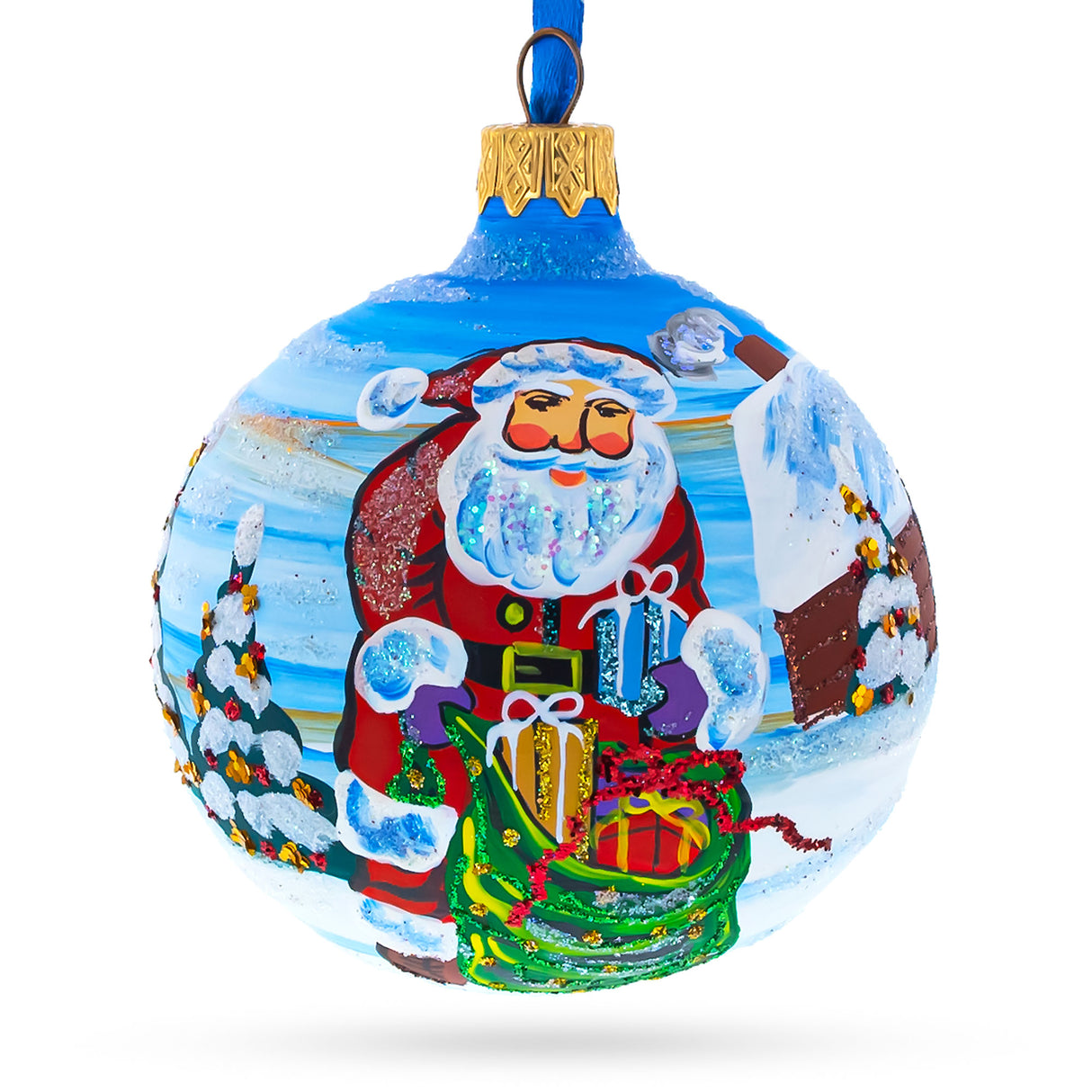 Glass Generous Santa: Santa with Bag of Gifts Blown Glass Ball Christmas Ornament 3.25 Inches in Multi color Round