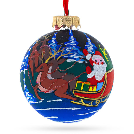 Glass Santa's Moonlit Sleigh Ride with Reindeer Blown Glass Ball Christmas Ornament 3.25 Inches in Multi color Round