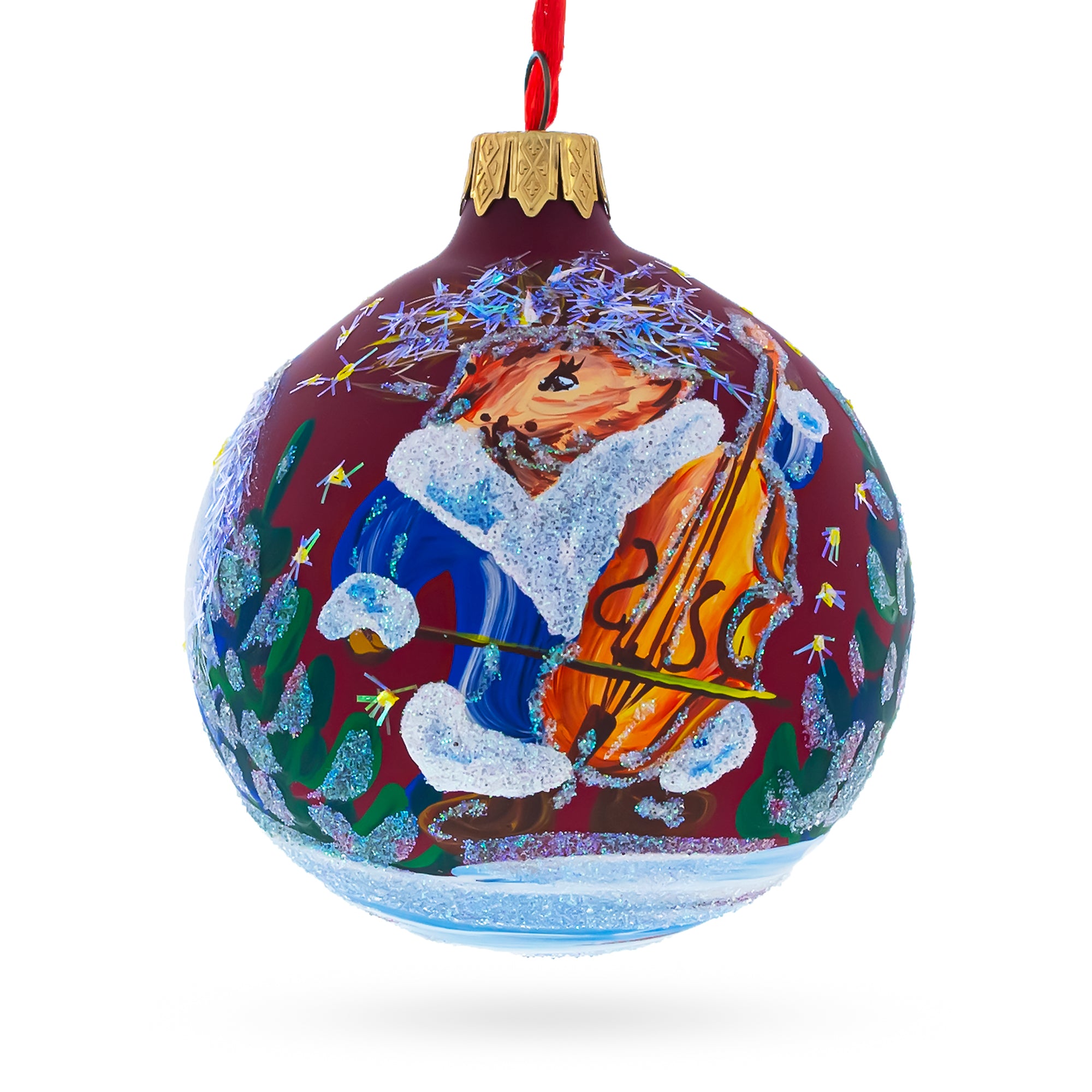 Hedgehog Serenading with Cello Glass Ball Christmas Ornament 3.25 Inches in Red color Round