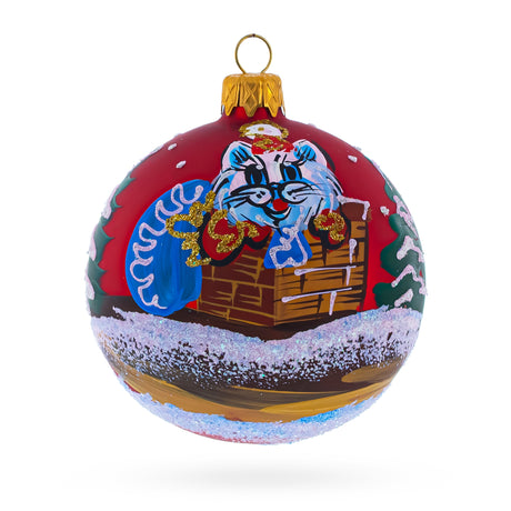 Mischievous Cat Stuck in Chimney Blown Glass Ball Christmas Ornament 3.25 Inches in Red color, Round shape