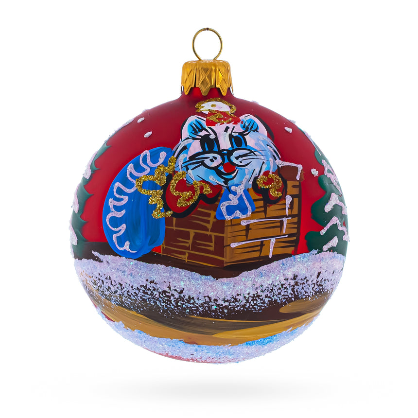 Cat Stuck in Chimney Glass Ball Christmas Ornament 3.25 Inches in Red color Round