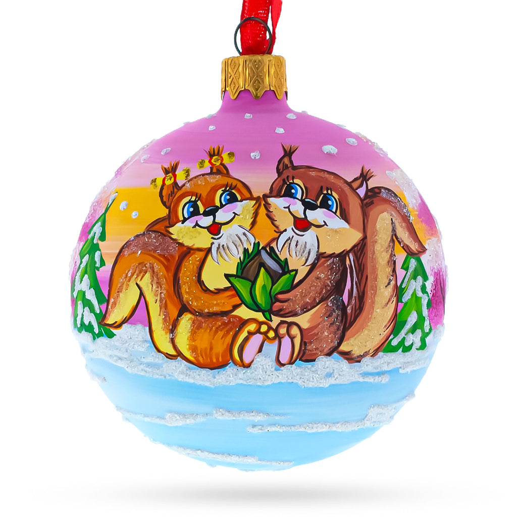 Glass Romantic Whispers: Squirrel Couple Amidst Lotus Flower Blown Glass Ball Christmas Ornament 3.25 Inches in Pink color Round